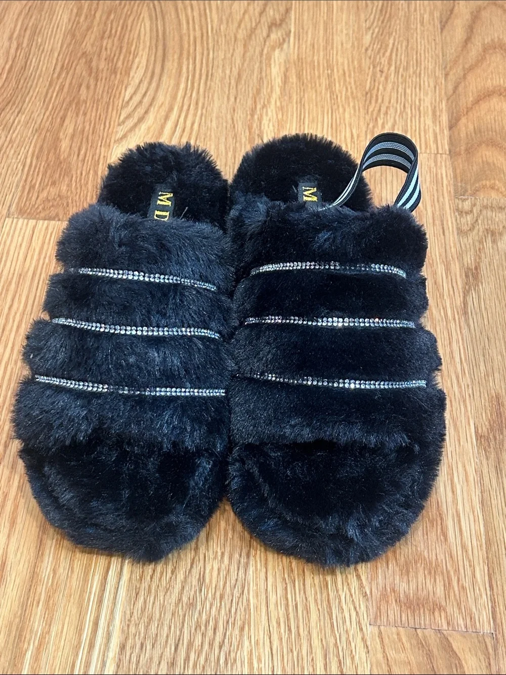 Faux Fur Black Fuzzy Slide Slippers Rhinestone Stripes elastic strap size 6 new